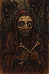Voodoo Crone Holding Crossed Bones