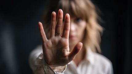 In a calm indoor environment, a woman raises her hand to signal stop as she addresses harassment, visibly expressing defiance and courage against inappropriate behavior