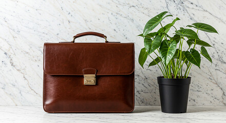 Classic leather briefcase and green plant on marble surface