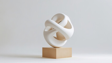 A minimalist sculpture featuring a complex, interwoven shape in a glossy white finish, positioned atop a simple, light brown pedestal.