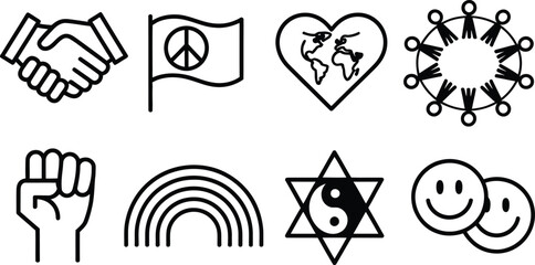 Peace Symbol Icon Set with Handshake, Raised Fist, Heart Earth, Rainbow in Line Art