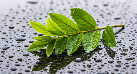Green leaf with water droplets on a reflective surface