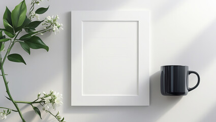 A blank picture frame positioned centrally against a soft, light-colored background.