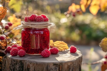 Glas mit frisch gekochter Himbeermarmelade, Himbeeren, Generative AI