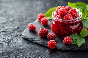 Glas mit frisch gekochter Himbeermarmelade, Himbeeren, Generative AI