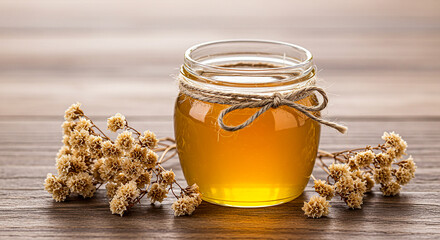 Jar of golden honey with dried flowers on a wooden surface