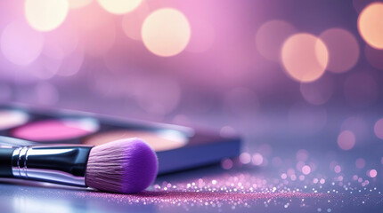 Capture a close-up of a makeup brush with a vibrant purple tip resting on a shimmering, sparkly surface.