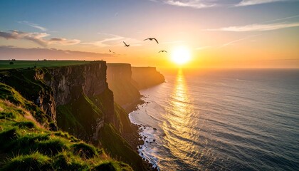 Cliffs of Moher at sunset with birds flying over the Atlantic Ocean