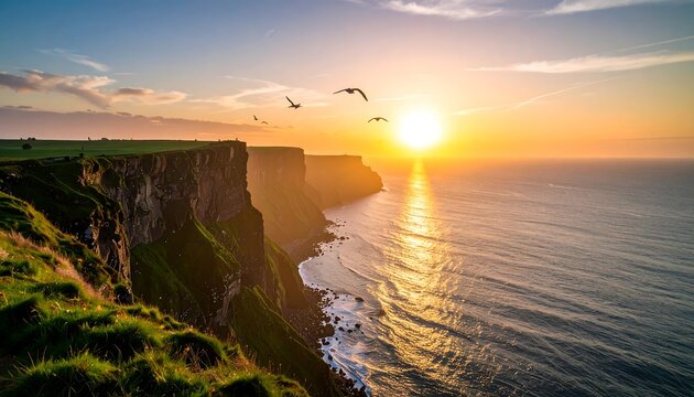 Cliffs of Moher at sunset with birds flying over the Atlantic Ocean