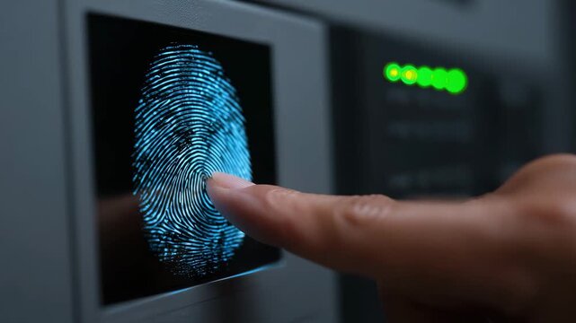 A close up view of a finger being scanned on a fingerprint recognition device demonstrating biometric authentication technology