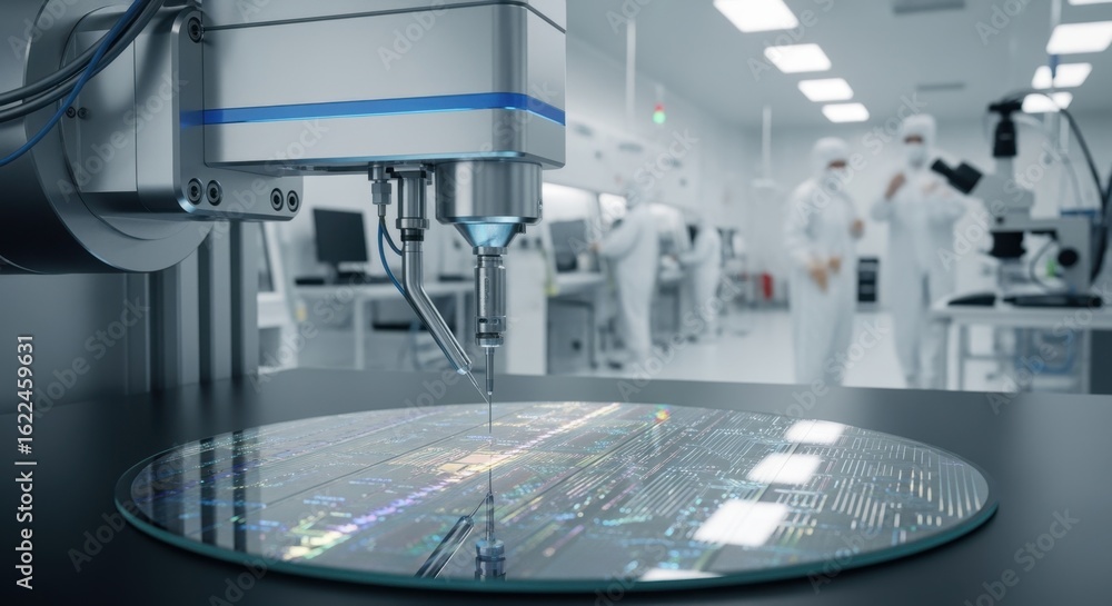 Poster side view of a precision prober positioning needle probes over photonic integrated circuit wafer for