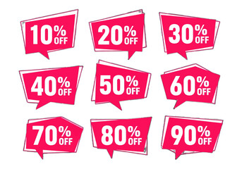 adobe illustrator artwork with transparent background set of discount and sale labels in a modern, angular speech bubble style with a wide range of percentage offers. Ideal for retail and online store