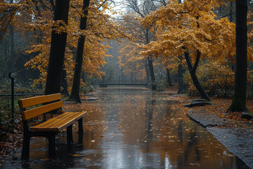 Bench in park covered with leaves.