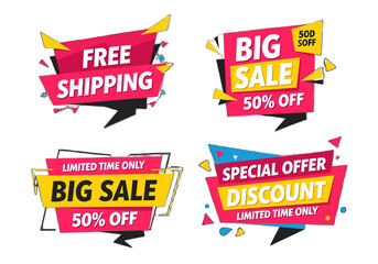 adobe illustrator artwork with transparent background set of discount and sale labels in a dynamic, geometric style with various percentage offers. Ideal for promotional ads and banners