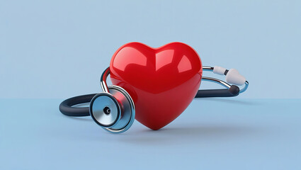 A shiny red heart icon intertwined with a classic stethoscope against a soft sky-blue background.