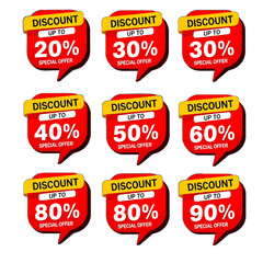 adobe illustrator artwork set of discount and sale labels in speech bubble shape with various percentage offers. Ideal for e-commerce, advertising, and retail promotions
