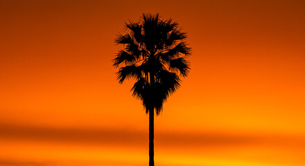 Silhouette of a lone palm tree against a vibrant orange sunset sky