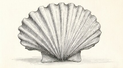 Detailed pen sketch of a scallop shell with ridges and textured surface on off-white