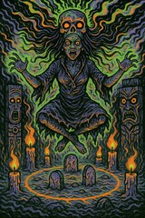 Voodoo Sorceress Floating Above Fire