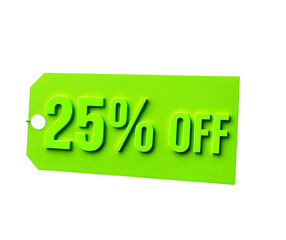 New 25% Off Text with a Vibrant Green Tag on a Transparent Background, Perfect for Sales Promotions and E-commerce Banners.