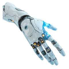 Bionik, Arm und Hand eines Roboters, freigestellt vor transparentem Hintergrund, Generative AI