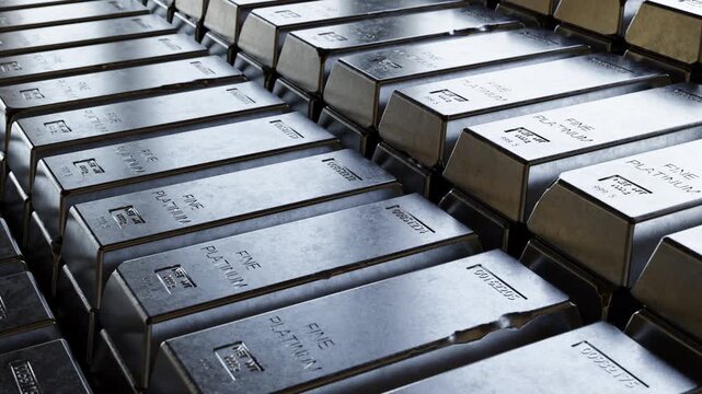 Stacks of fine platinum bars symbolizing financial stability, precious metal reserves, and long-term investment strategy. Ideal for economic, banking, and fintech visuals. Looped video