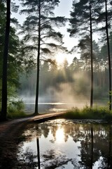 Sonnenstrahlen fallen durch die Bäume eines Waldes am frühen Morgen, verträumte und stimmungsvolle Atmosphäre, Generative AI