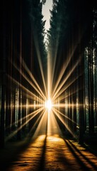 Sonnenstrahlen fallen durch die Bäume eines Waldes am frühen Morgen, verträumte und stimmungsvolle Atmosphäre, Generative AI
