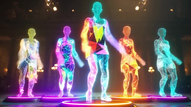 Glowing female figures in holographic designs display innovative fashion ideas and futuristic neon clothes in a luxurious venue filled with ambient lighting