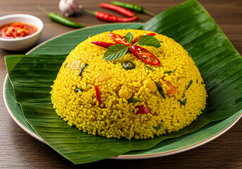 Flavorful yellow rice dish garnished with chili and herbs
