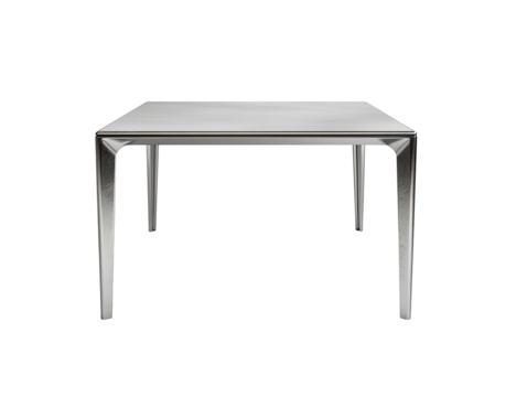 A simple, rectangular, light gray table with sleek, angled legs