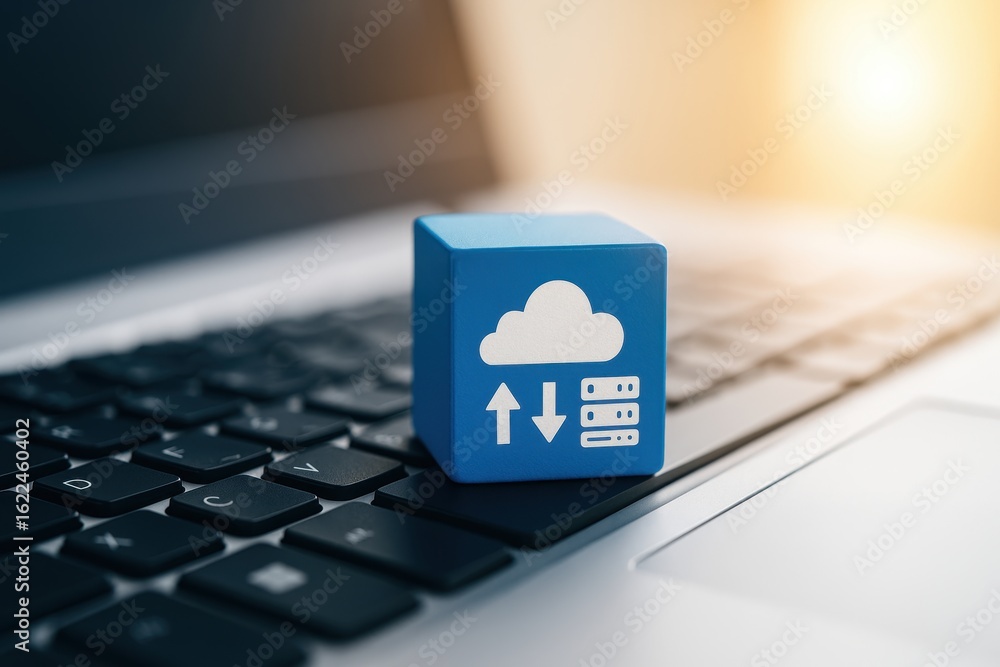Poster blue cloud icon representing data upload and download on a laptop keyboard in a modern digital envir