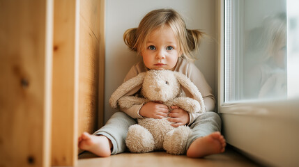 A toddler in cozy pajamas sits barefoot against a bright window, holding a white teddy bear. The scene conveys innocence, comfort, and emotional warmth in soft light.
