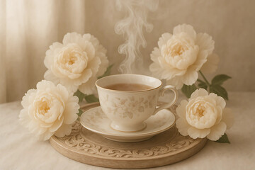 Vintage porcelain teacup with steam and white peonies on carved wooden tray in soft lighting