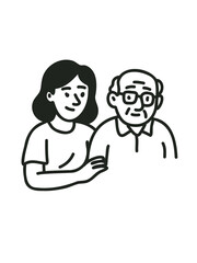 doodle illustration of young woman with grandfather