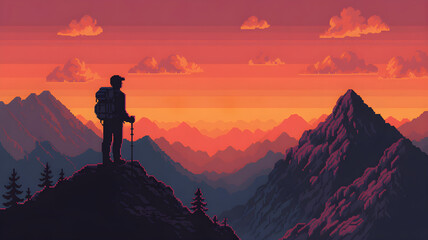 Fototapeta premium Backpacker hiking on mountain ridge at sunset, pixel art