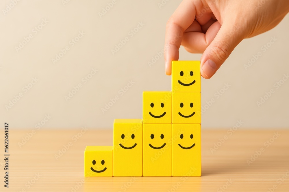 Poster hand placing yellow blocks with smile faces in ascending order representing growth and positivity in