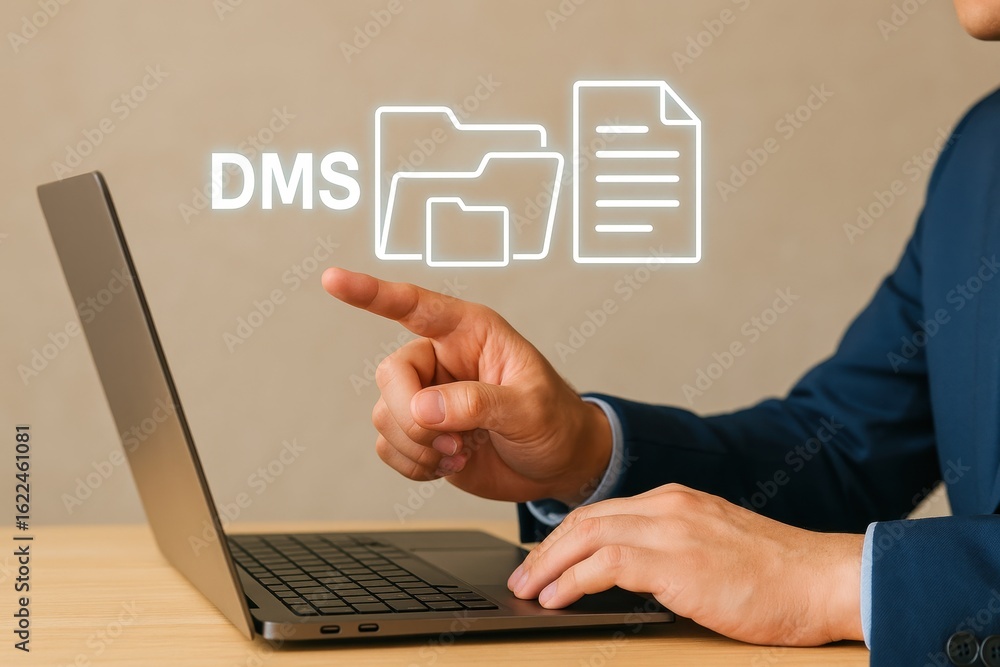 Poster business professional using laptop with digital document management system for streamlined file orga
