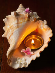 A lit diya lamp placed inside a large conch shell adorned with flowers
