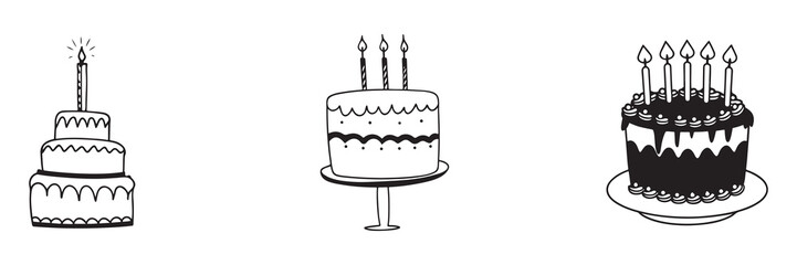 Three Birthday Cake with Candles in Black and White Vector. set