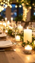 Warmly lit dinner table, candles, greenery, wine glasses, and white plates