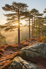 Sonnenstrahlen fallen durch die Bäume eines Waldes am frühen Morgen, verträumte und stimmungsvolle Atmosphäre, Generative AI