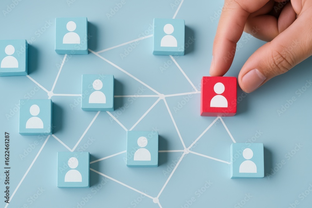 Poster hand selecting different person icon in a network of blue people icons on a light blue background vi