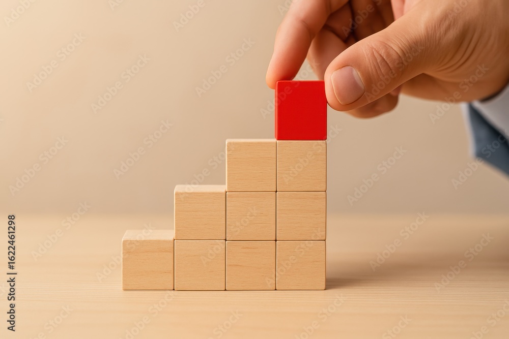 Poster hand placing red block on stack of wooden cubes symbolizing growth and progress in business and pers