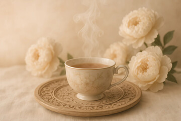 Steaming vintage teacup on carved coaster with soft ivory peonies in a romantic warm-toned scene