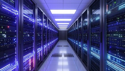 Obraz premium A long row of sleek, metallic servers stacked in a modern data center, illuminated by soft blue LED lights, showcasing advanced technology and organization.