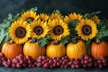 Sunflowers and pumpkins surrounded by cherries.