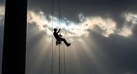 Silhouette of industrial worker rappelling against dramatic clouds and bright sun rays