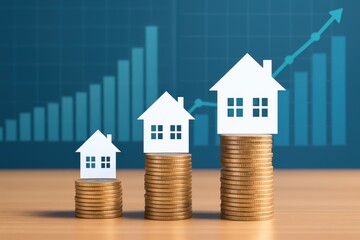 Growth of Real Estate Investment Concept Represented by Paper Houses on Stacks of Coins with Graph Background Showing Rising Trends