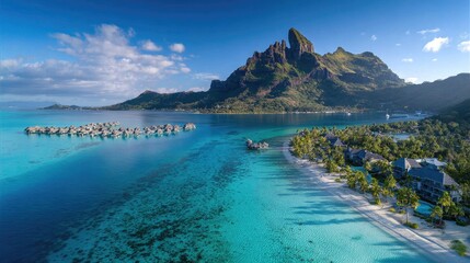 Tropical island paradise with luxurious overwater bungalows.
